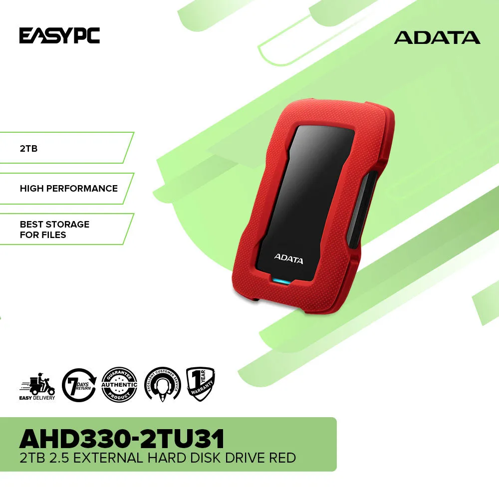 Adata AHD330-2TU31 2tb Best Storage for files High Performance 2.5 Red External Hard Disk Drive