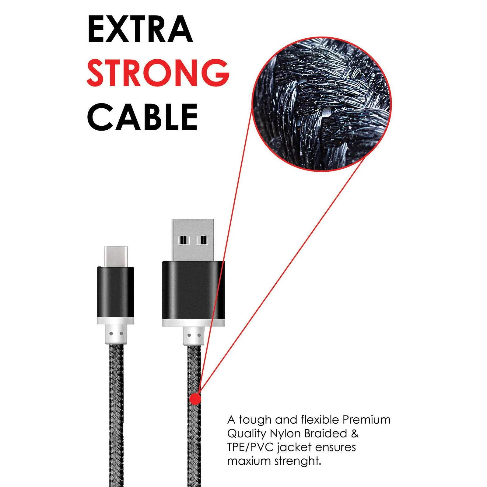 Heavy Duty Braided USB-Type C 3.1 Data Sync & charge Cable - 1M Black