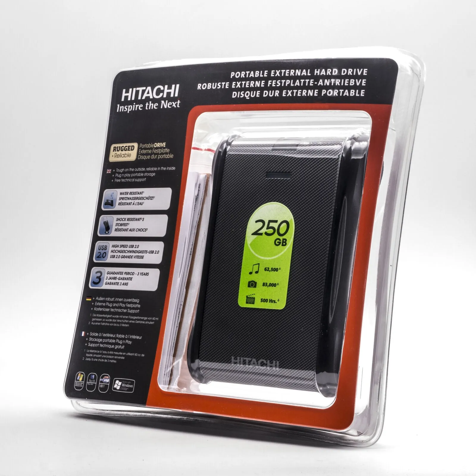 Hitachi SimpleTough 2.5" Portable External Hard Drive 250GB USB 2.0 HDD for PC