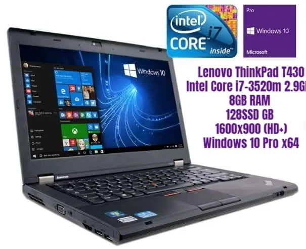 Lenovo ThinkPad T430 Laptop | Intel® Core™ i7 3520M 2.90GHz  | 14" HD  (1600x900) LED Notebook - 8GB RAM - 128GB SSD - Windows 10 Pro | Grade A (Certified Refurbished) - 1 Year Warranty