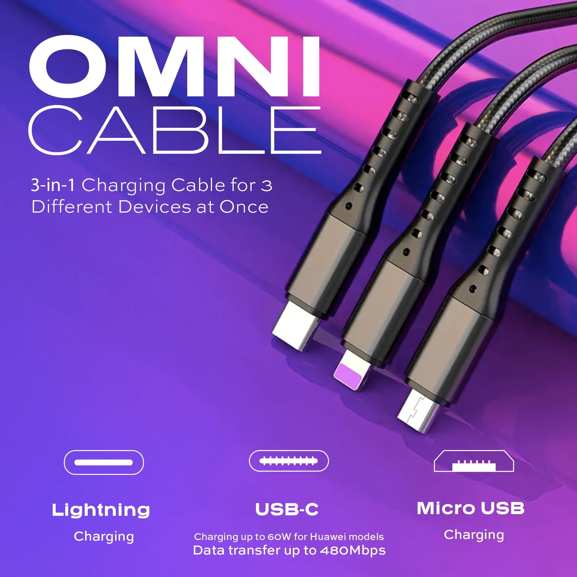 Omnicable | 3-in-1 Cable | USB-C, Lightning, Micro-USB