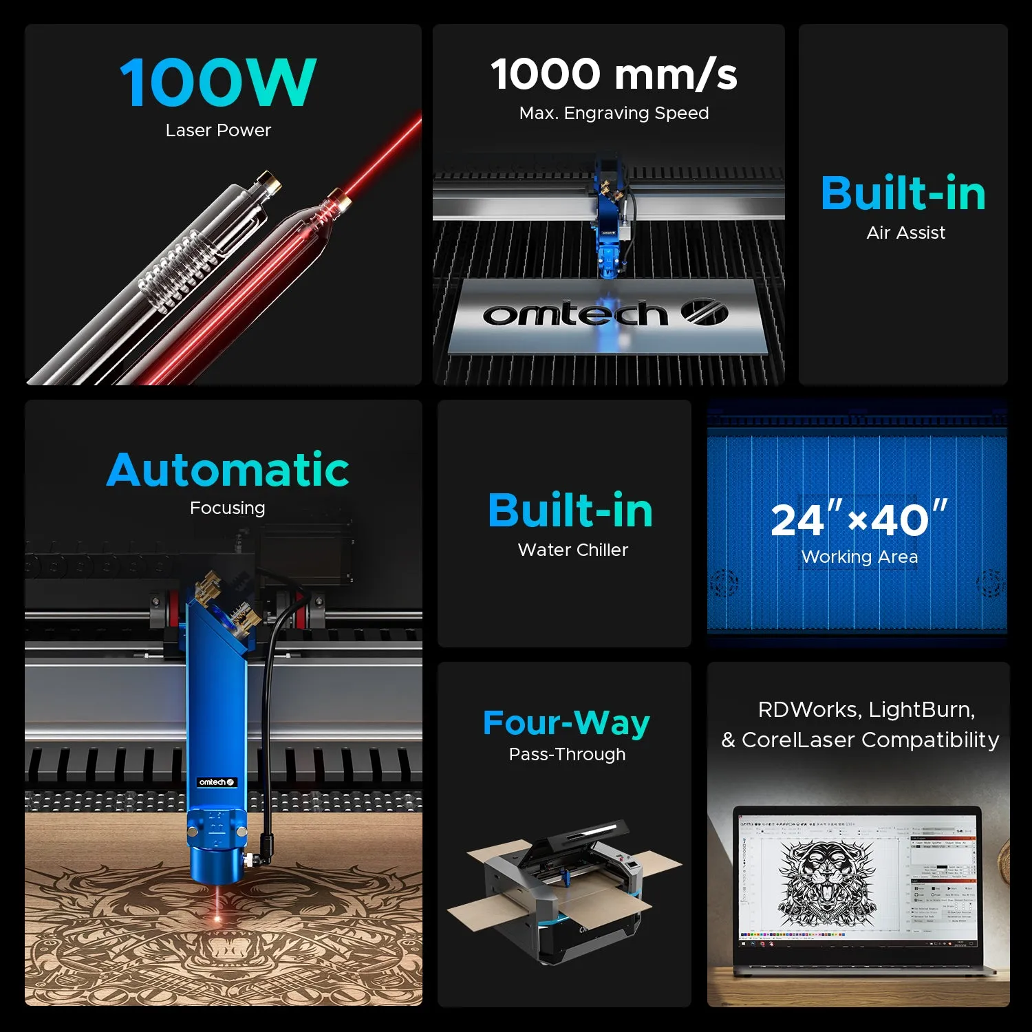 Pre-Owned OMTech Pro 2440, 100W CO2 Laser Engraver CUTTING MACHINE WITH AUTOFOCUS and Built-in Water Chiller